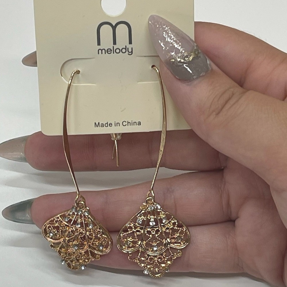 Melody Gold Tone Filigree Fan‎ Drop Earrings Rhinestone Accented Dangle Hooks